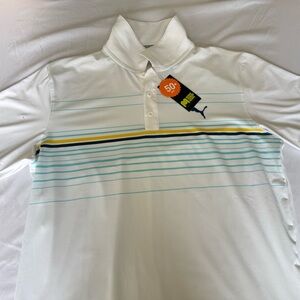 Puma White Polo with Teal and Yellow Stripes